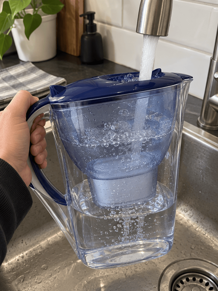 A filter jug being filled beneath a kitchen tap