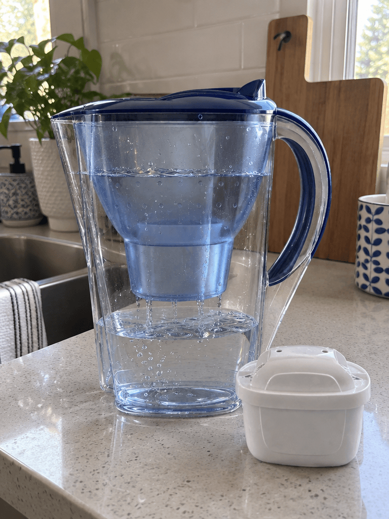 Water slowly filtering through a jug on the worktop
